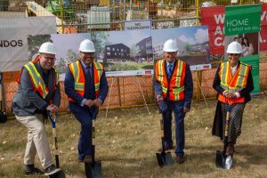 Mayor Jyoti Gondek joined (from left) CHC Board Member Travis Moir, VP Asset Management Bo Jiang, and Ward 10 Councilor Andre Chabot at the site of the Rundle Manor Redevelopment on Thursday, Sept. 22 for the official groundbreaking.