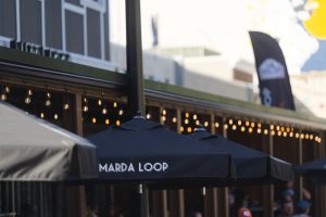Close-up of Marda Loop Brewing Company patio umbrellas outside restaurant