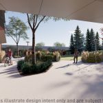 An artist's rendering of a redeveloped courtyard of Bridgeland Place Tower.