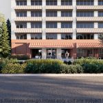 An artist's rendering of a redeveloped entry to Bridgeland Place Tower.