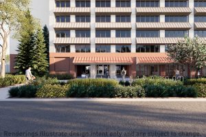 An artist's rendering of a redeveloped entry to Bridgeland Place Tower.